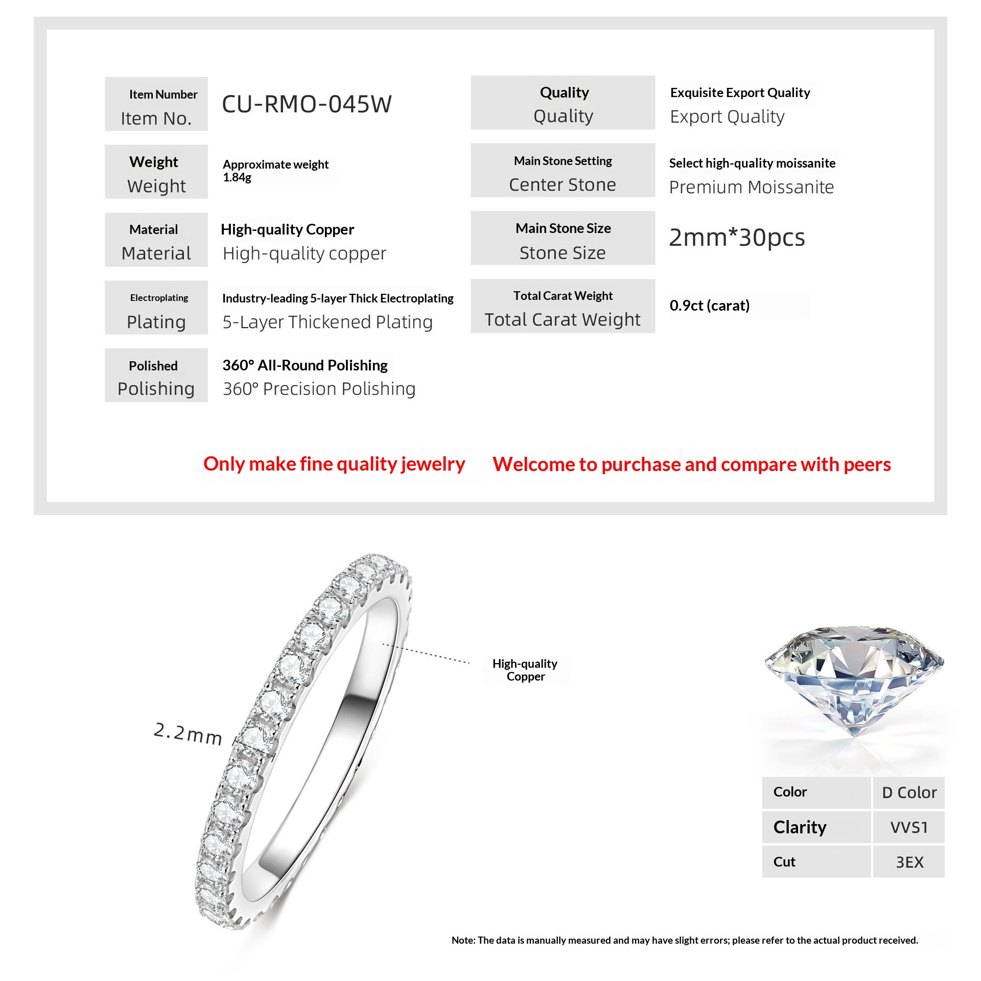 14k Gold-plated Stackable Moissanite Row Ring